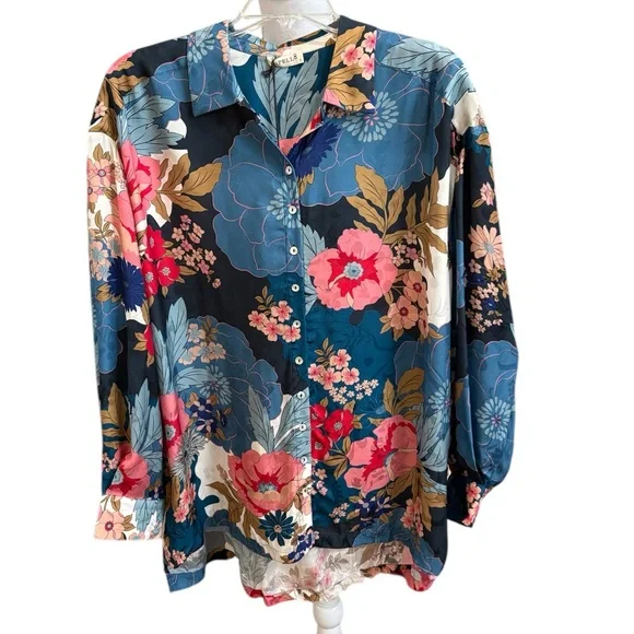 Spell/Free People Tyler Printed Shirt in Blue Shadow Size S. NWT